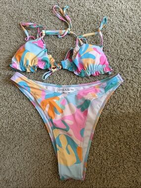 Sand & Bliss Pastel Abstract Tie-Back Bikini Set - Pink, Blue & Yellow